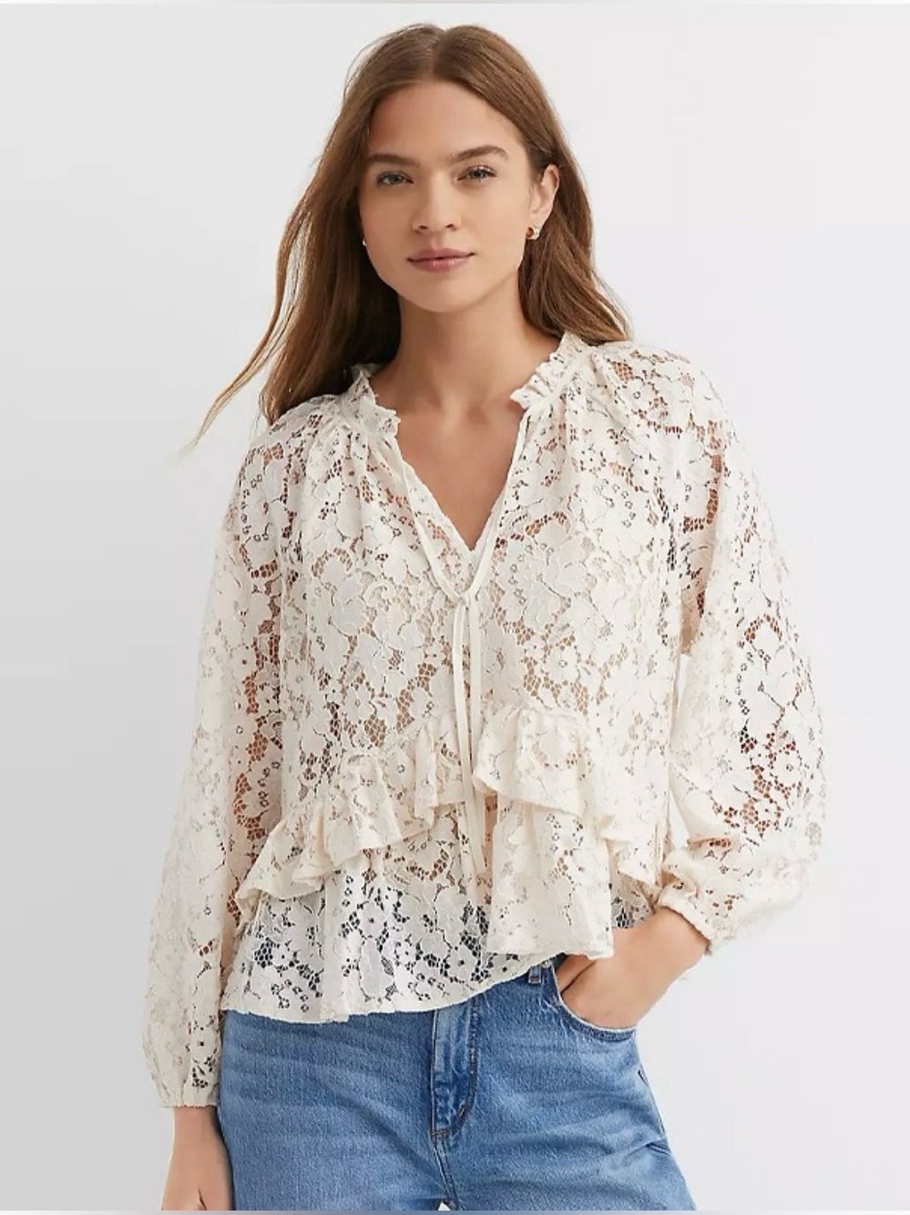 LOFT Floral Lace Ruffle Peplum Blouse Top